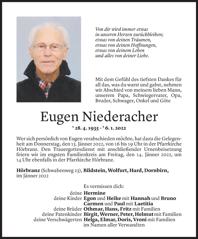  Todesanzeige für Eugen Niederacher vom 10.01.2022 aus Vorarlberger Nachrichten