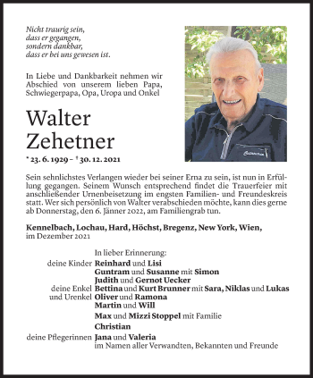 Todesanzeige von Walter Zehetner von Vorarlberger Nachrichten