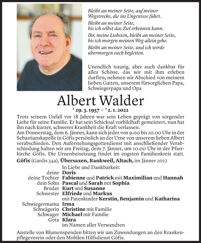  Todesanzeige für Albert Walder vom 04.01.2022 aus Vorarlberger Nachrichten