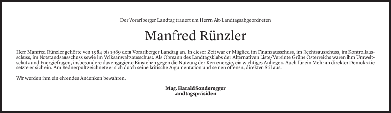  Todesanzeige für Manfred Rünzler vom 26.01.2022 aus Vorarlberger Nachrichten