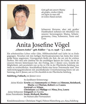 Todesanzeige von Anita Vögel von Vorarlberger Nachrichten