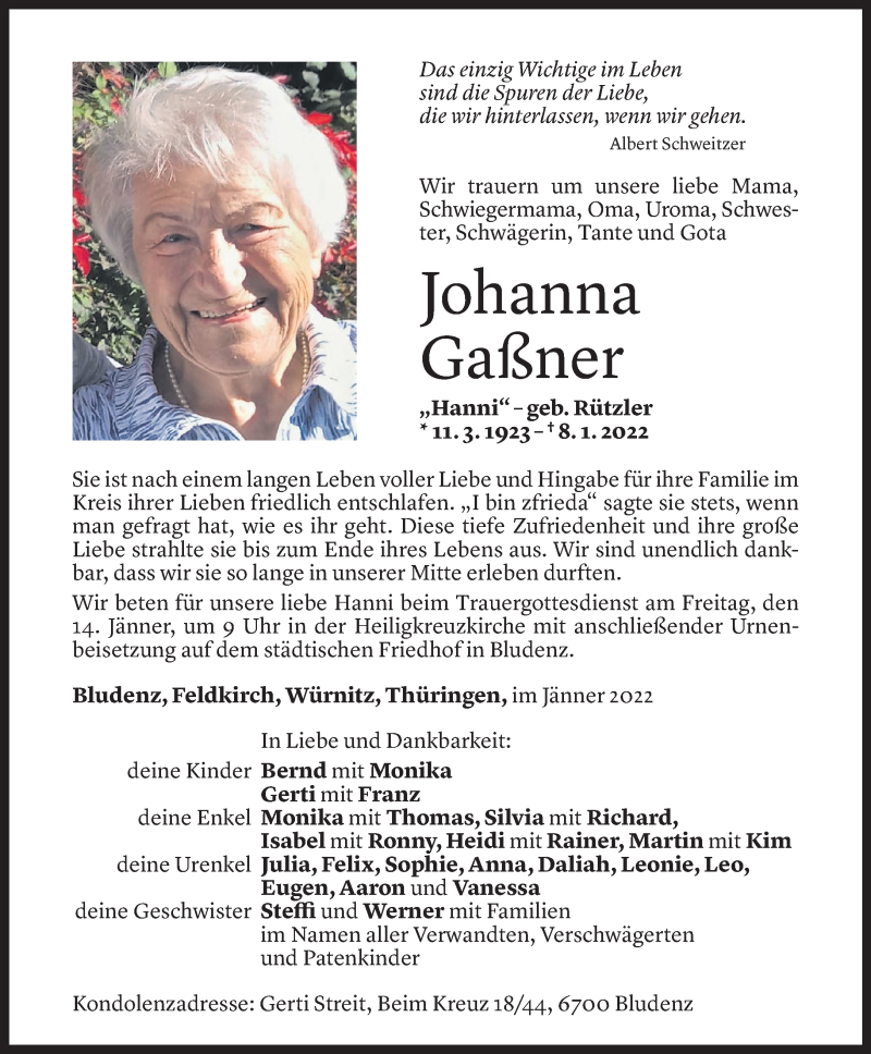  Todesanzeige für Johanna Gaßner vom 12.01.2022 aus Vorarlberger Nachrichten
