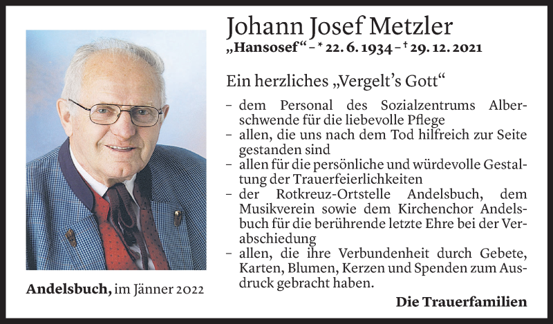  Todesanzeige für Johann Josef Metzler vom 13.01.2022 aus Vorarlberger Nachrichten