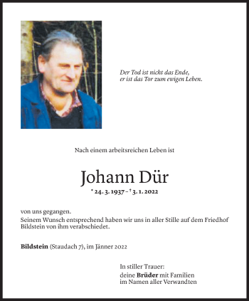 Todesanzeige von Johann Dür von Vorarlberger Nachrichten