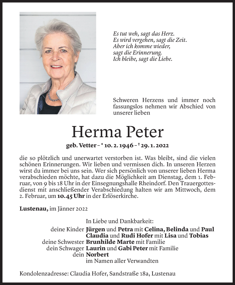  Todesanzeige für Herma Peter vom 30.01.2022 aus Vorarlberger Nachrichten
