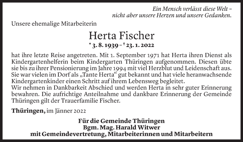  Todesanzeige für Herta Fischer vom 25.01.2022 aus Vorarlberger Nachrichten