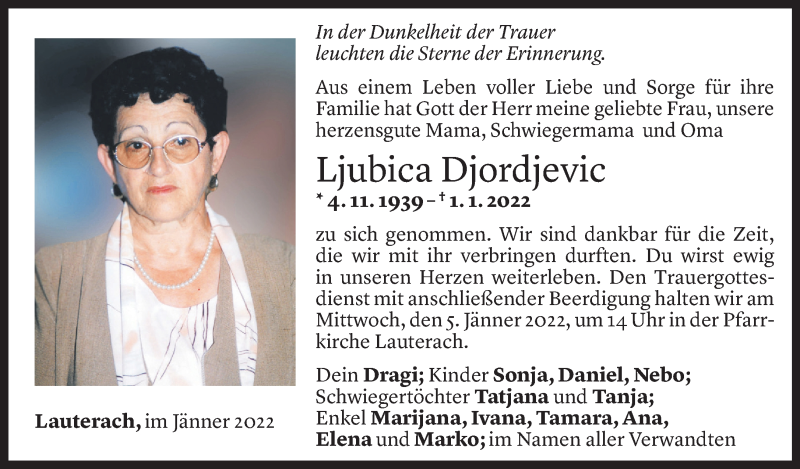  Todesanzeige für Ljubica Djordjevic vom 03.01.2022 aus Vorarlberger Nachrichten