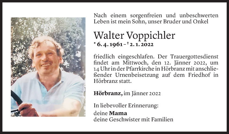  Todesanzeige für Walter Voppichler vom 07.01.2022 aus Vorarlberger Nachrichten