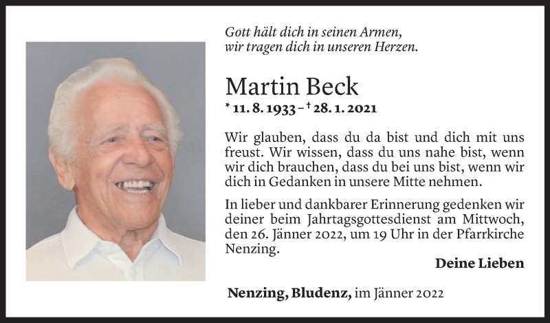  Todesanzeige für Martin Beck vom 21.01.2022 aus Vorarlberger Nachrichten