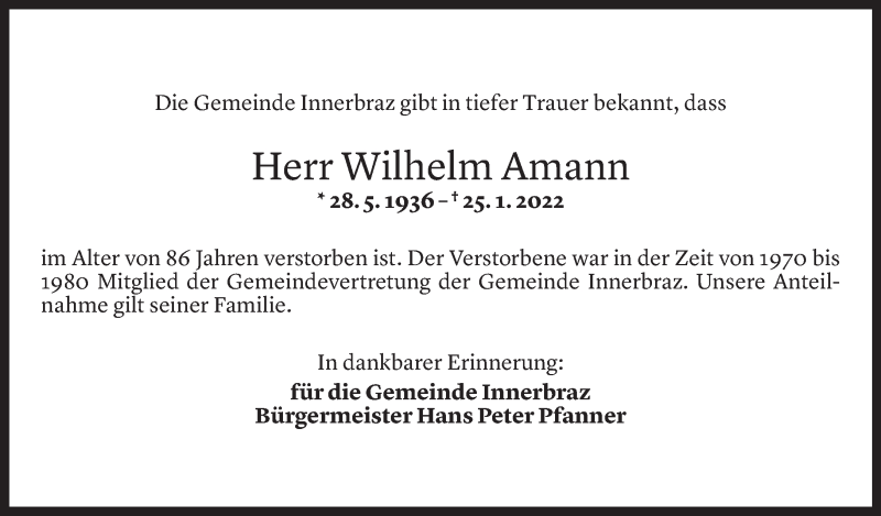  Todesanzeige für Willi Amann vom 31.01.2022 aus Vorarlberger Nachrichten