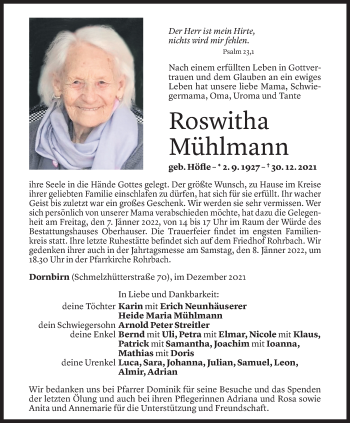 Todesanzeige von Roswitha Mühlmann von Vorarlberger Nachrichten