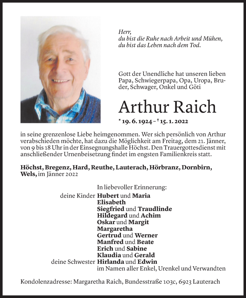  Todesanzeige für Arthur Raich vom 19.01.2022 aus Vorarlberger Nachrichten