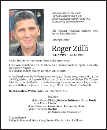 Todesanzeige von Roger Zülli von Vorarlberger Nachrichten