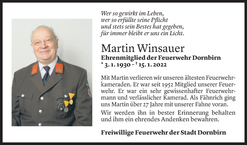  Todesanzeige für Martin Winsauer vom 22.01.2022 aus Vorarlberger Nachrichten