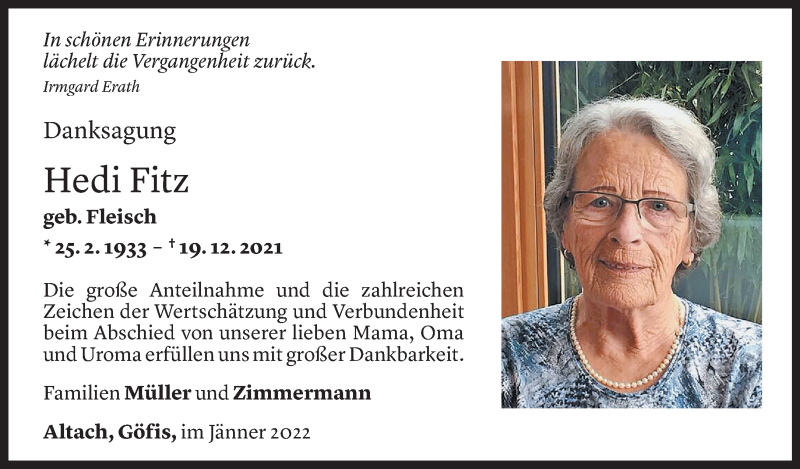  Todesanzeige für Hedi Fitz vom 14.01.2022 aus Vorarlberger Nachrichten