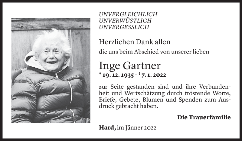  Todesanzeige für Ingrid Gartner vom 28.01.2023 aus Vorarlberger Nachrichten