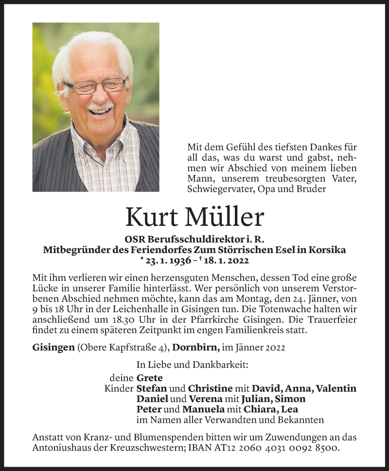 Todesanzeige für Kurt Müller vom 22.01.2022 aus Vorarlberger Nachrichten
