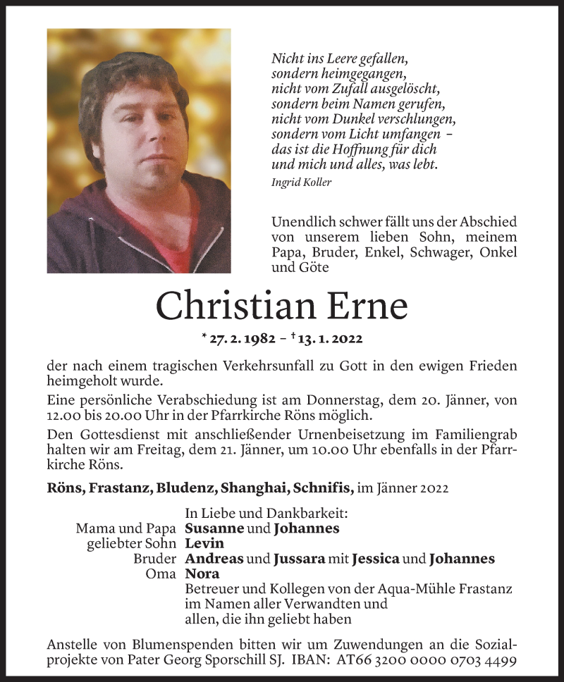  Todesanzeige für Christian Erne vom 18.01.2022 aus Vorarlberger Nachrichten