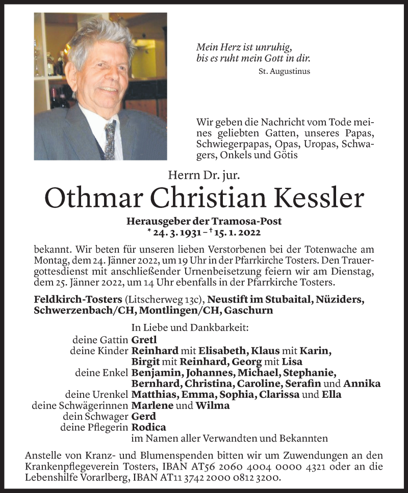  Todesanzeige für Othmar Kessler vom 20.01.2022 aus Vorarlberger Nachrichten
