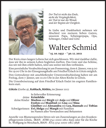 Todesanzeige von Walter Schmid von Vorarlberger Nachrichten