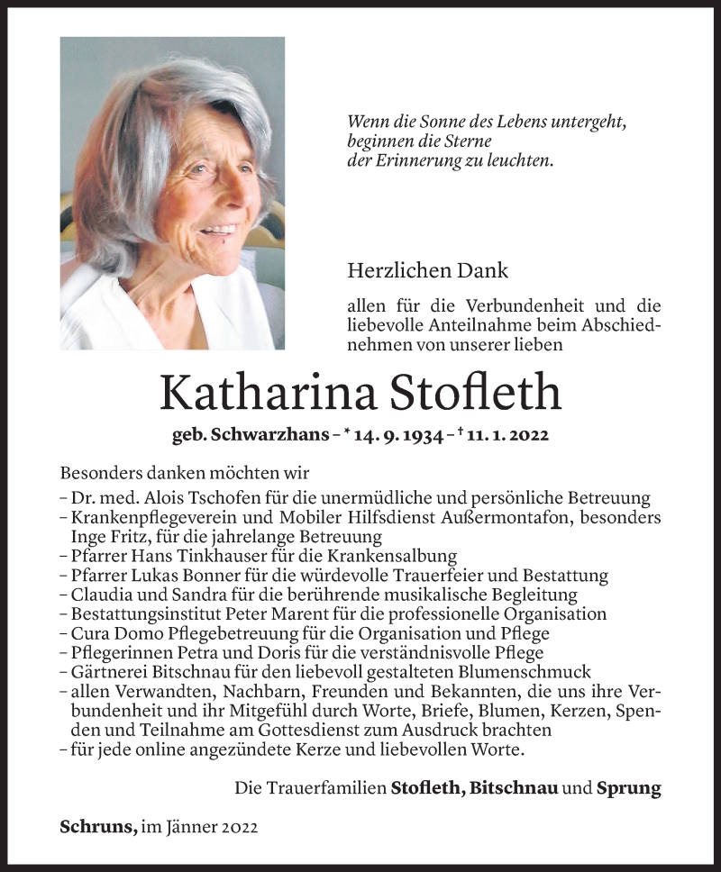  Todesanzeige für Katharina Stofleth vom 21.01.2022 aus Vorarlberger Nachrichten