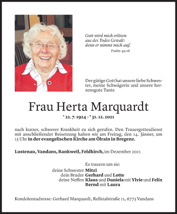 Todesanzeige von Herta Marquardt von Vorarlberger Nachrichten