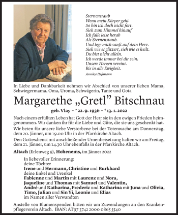 Todesanzeige von Margarethe Bitschnau von Vorarlberger Nachrichten