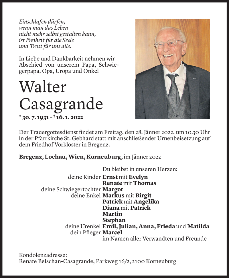  Todesanzeige für Walter Casagrande vom 21.01.2022 aus Vorarlberger Nachrichten