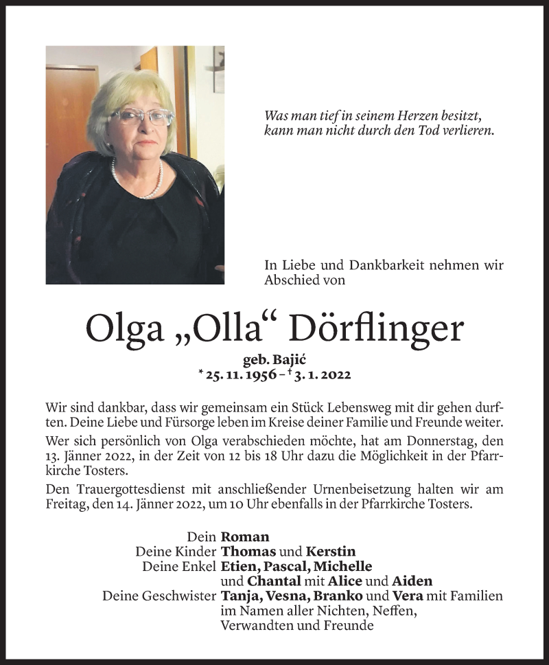  Todesanzeige für Olga Dörflinger vom 11.01.2022 aus Vorarlberger Nachrichten