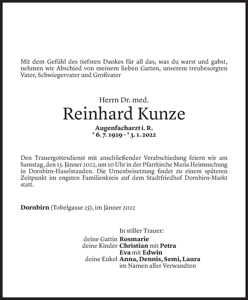  Todesanzeige für Reinhard Kunze vom 10.01.2022 aus Vorarlberger Nachrichten