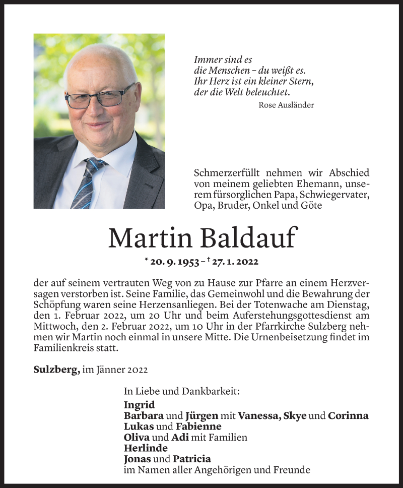  Todesanzeige für Martin Baldauf vom 30.01.2022 aus Vorarlberger Nachrichten