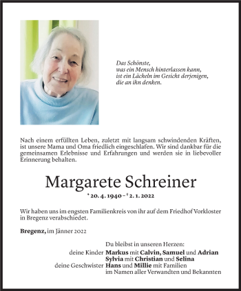 Todesanzeige von Margarete Schreiner von Vorarlberger Nachrichten