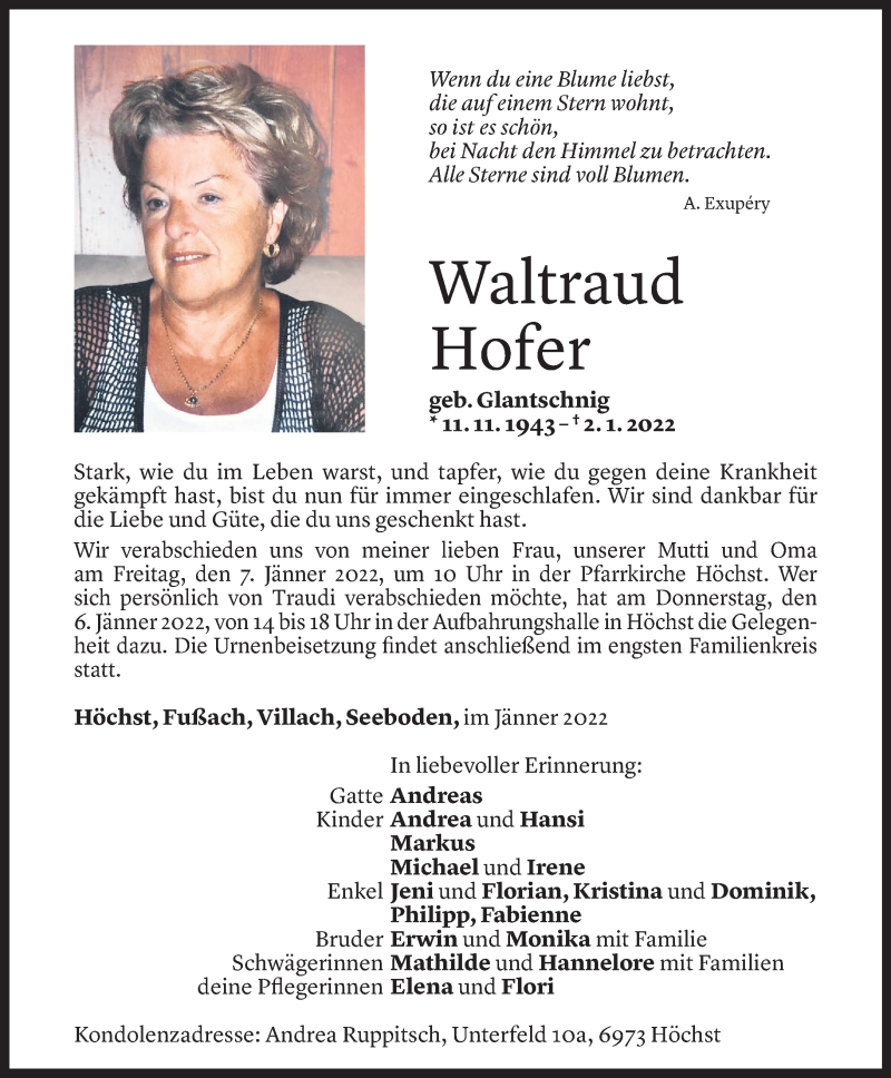  Todesanzeige für Waltraud Hofer vom 03.01.2022 aus Vorarlberger Nachrichten