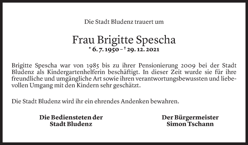  Todesanzeige für Brigitte Spescha vom 04.01.2022 aus Vorarlberger Nachrichten