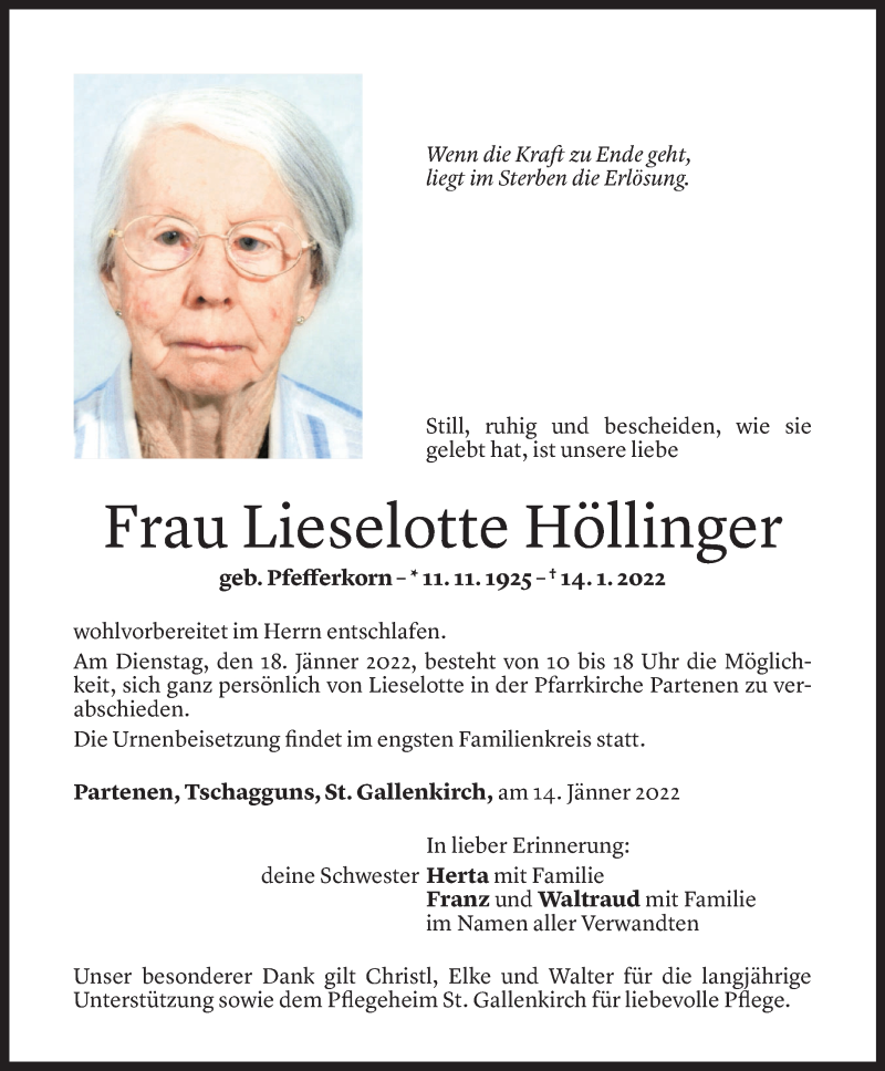  Todesanzeige für Liselotte Höllinger vom 16.01.2022 aus Vorarlberger Nachrichten