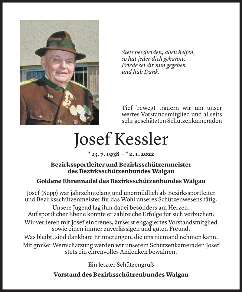  Todesanzeige für Josef Kessler vom 08.01.2022 aus Vorarlberger Nachrichten