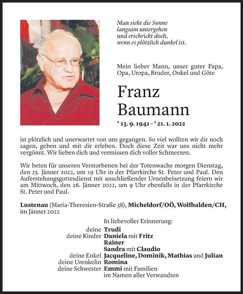  Todesanzeige für Franz Baumann vom 23.01.2022 aus Vorarlberger Nachrichten