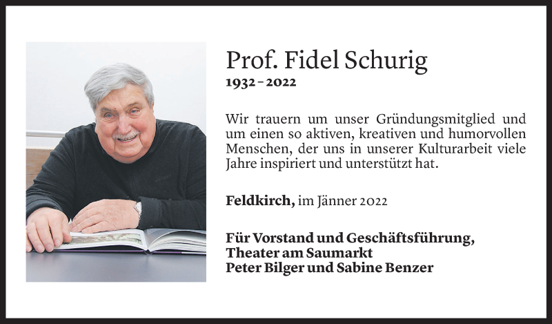  Todesanzeige für Fidel Schurig vom 28.01.2022 aus Vorarlberger Nachrichten