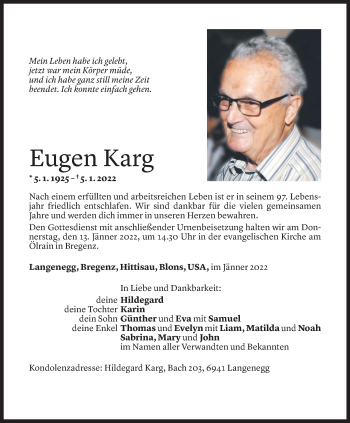Todesanzeige von Eugen Karg von Vorarlberger Nachrichten