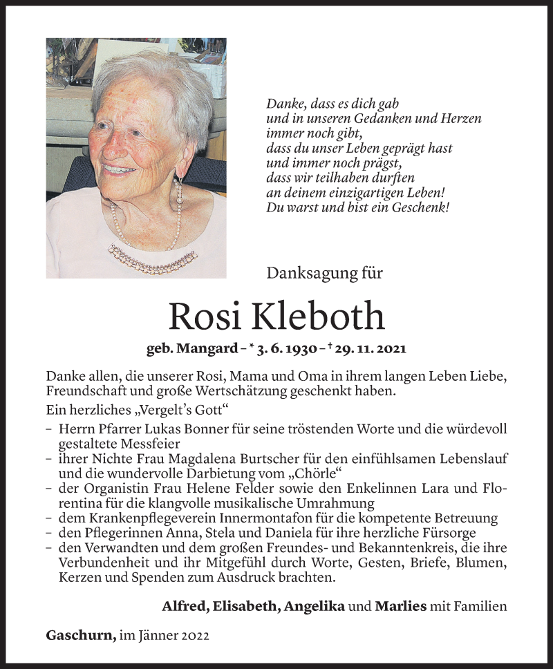  Todesanzeige für Rosi Kleboth vom 13.01.2022 aus Vorarlberger Nachrichten