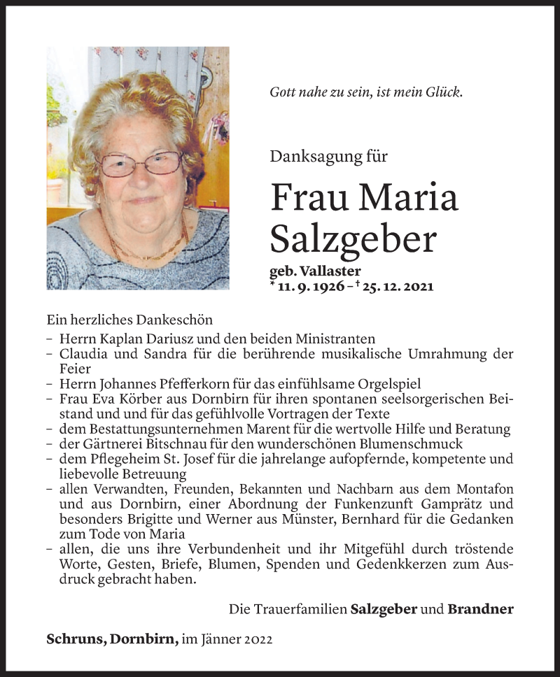  Todesanzeige für Maria Salzgeber vom 28.01.2022 aus Vorarlberger Nachrichten