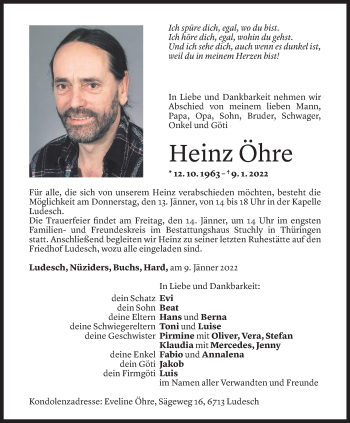 Todesanzeige von Heinz Öhre von Vorarlberger Nachrichten