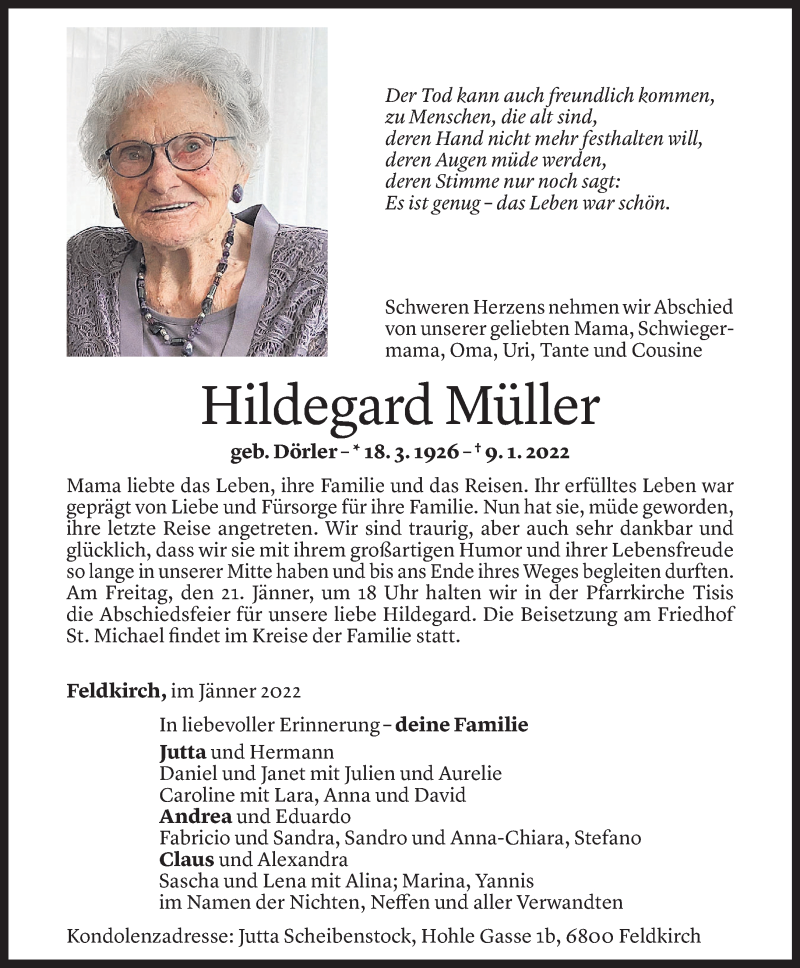  Todesanzeige für Hildegard Müller vom 17.01.2022 aus votr
