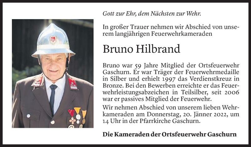  Todesanzeige für Bruno Hilbrand vom 18.01.2022 aus Vorarlberger Nachrichten