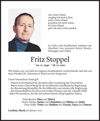 Todesanzeige von Fritz Stoppel von Vorarlberger Nachrichten