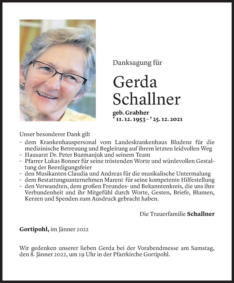  Todesanzeige für Gerda Schallner vom 04.01.2022 aus Vorarlberger Nachrichten
