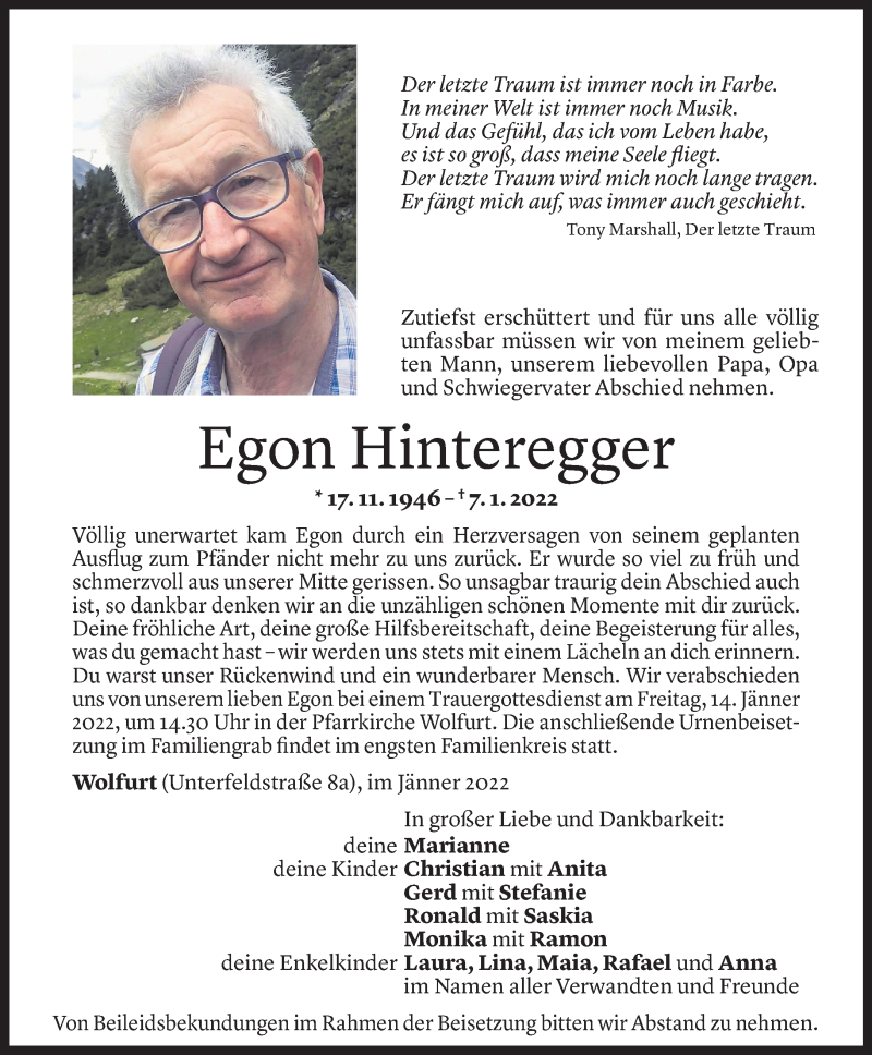  Todesanzeige für Egon Hinteregger vom 11.01.2022 aus Vorarlberger Nachrichten