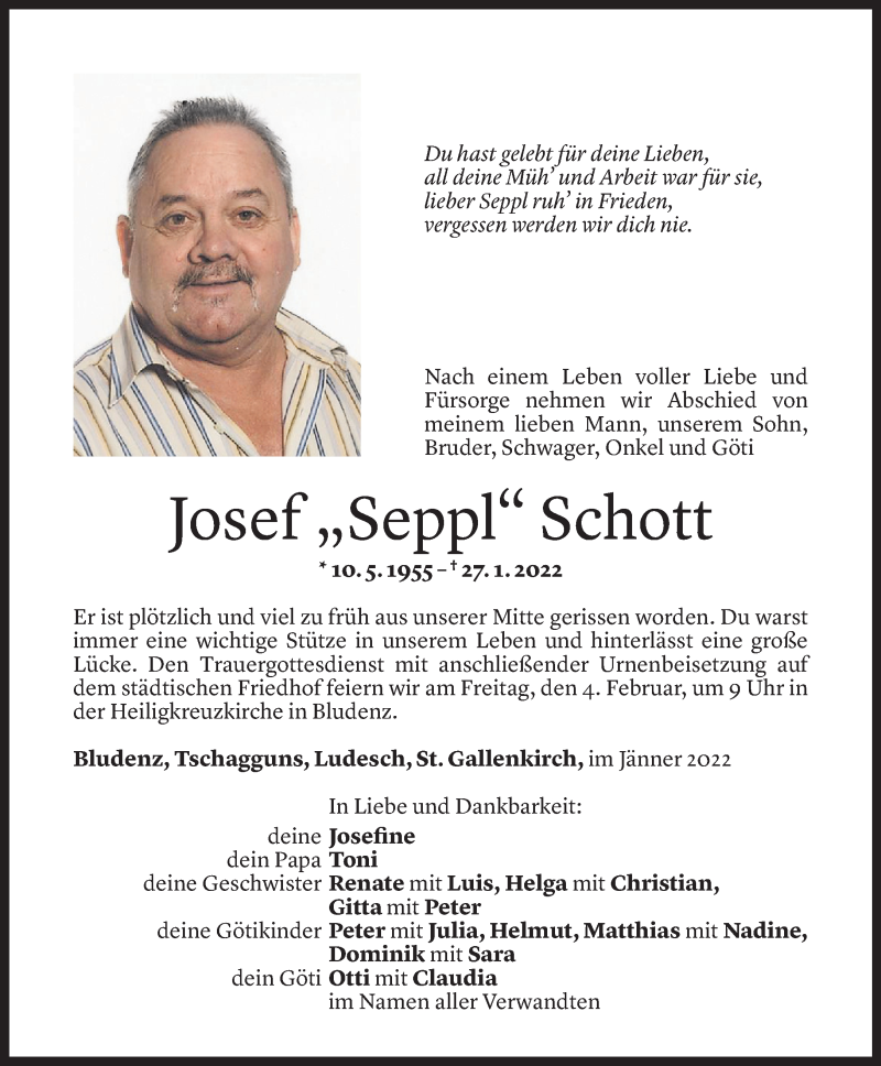  Todesanzeige für Josef Schott vom 02.02.2022 aus Vorarlberger Nachrichten