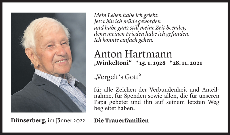  Todesanzeige für Anton Hartmann vom 05.01.2022 aus Vorarlberger Nachrichten