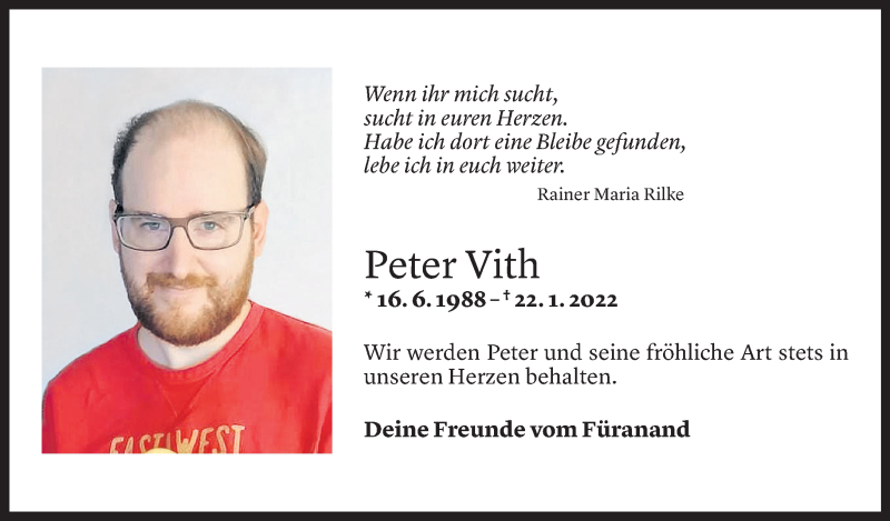  Todesanzeige für Peter Vith vom 23.01.2022 aus Vorarlberger Nachrichten